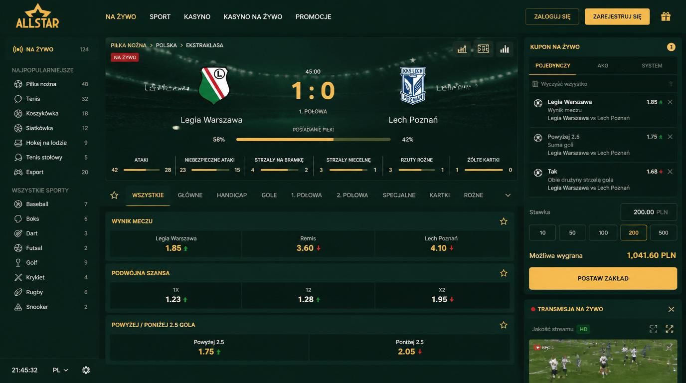 Zakłady na żywo z dynamicznym interfejsem i statystykami meczu.