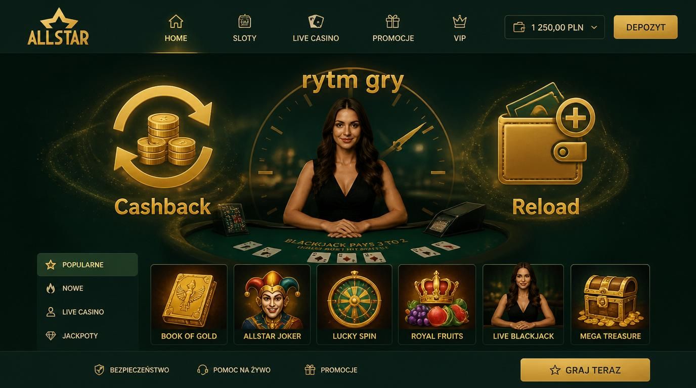 przedstawienie cashback i reload z motywem stołu live casino i rytmem gry