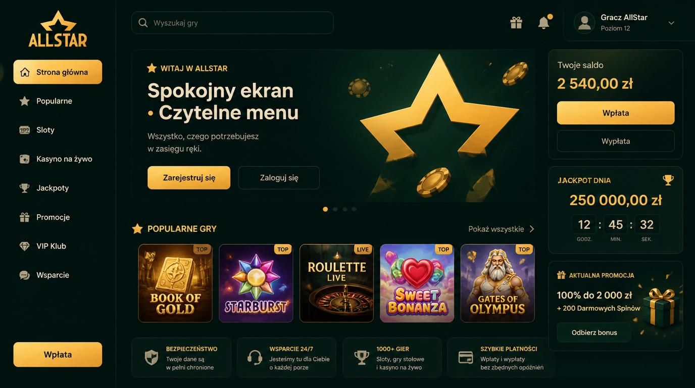 Telefon z ciemnym motywem, duże litery i czytelne menu kasyna