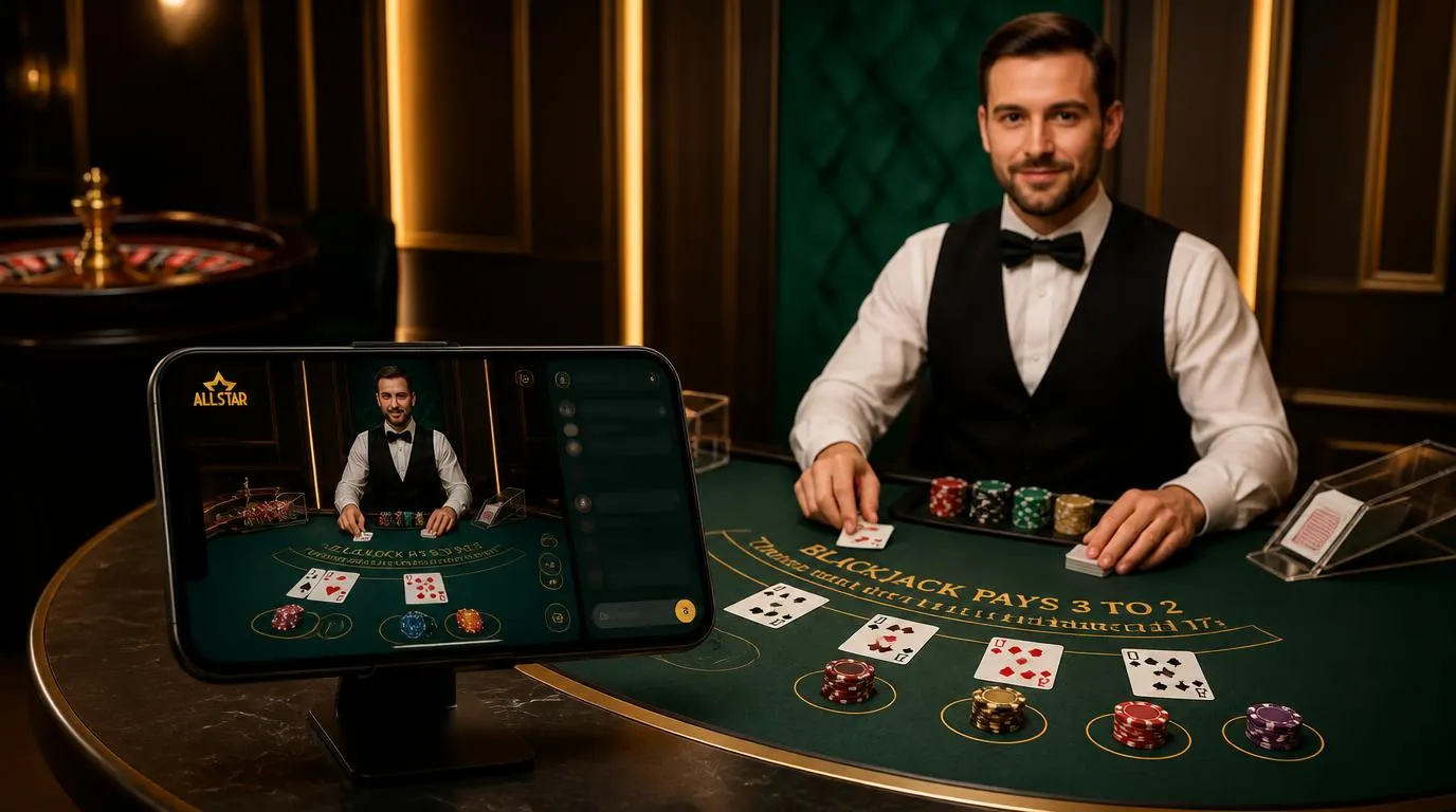 Krupier przy stole blackjacka i ekran telefonu z transmisją kasyna na żywo w wysokiej rozdzielczości