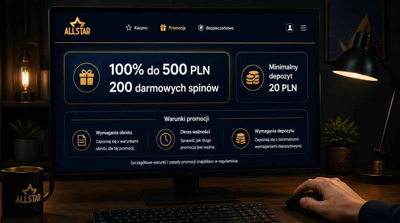 Panel bonusu powitalnego 100% do 500 PLN i 200 darmowych spinów obok informacji o minimalnym depozycie 20 PLN
